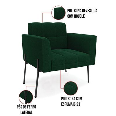 Poltrona Sala De Estar Pé De Ferro Preto Elisa Bouclê Verde D03 - D'rossi