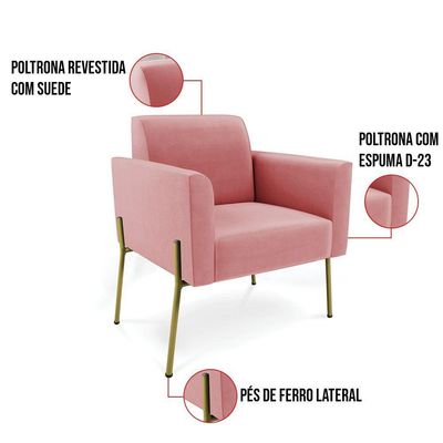 Sofá Namoradeira E Poltrona Pé De Ferro Dourado Marisa Suede D03 - D'rossi Cor Rose