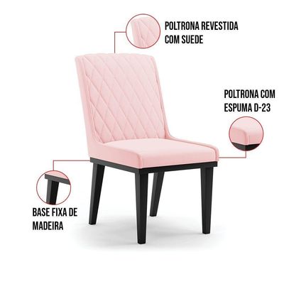 Cadeira Sala De Jantar Base Madeira Preto Kit 2 Sofia Suede D03 - D'rossi Cor Rosa Bebê