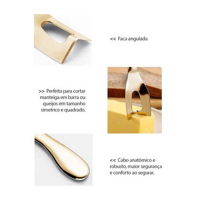 Faca Garfo Queijo Camarao Manteiga Jogo Aço Inox Dourado 3un