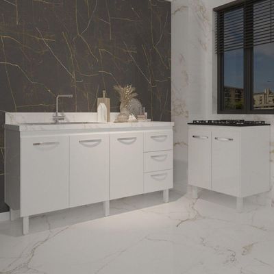 Cozinha Balcão Armário Gabinete De Pia 150 Cm Deise E Balcão Fran Para Fogão Cooktop 5 Bocas Branco