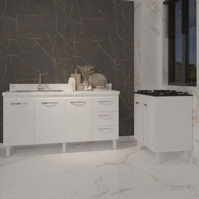 Cozinha Balcão Armário Gabinete De Pia 150 Cm Deise E Balcão Fran Para Fogão Cooktop 5 Bocas Branco