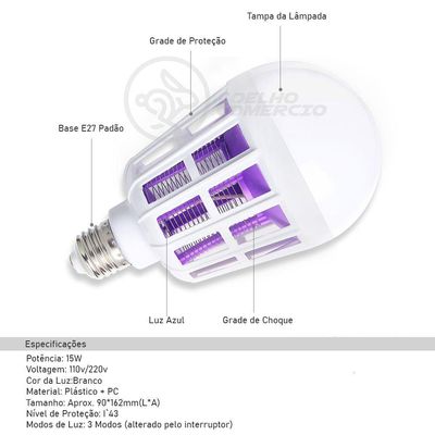 Lâmpada Luz Led Branco 15w Atrai Choque Mosquito