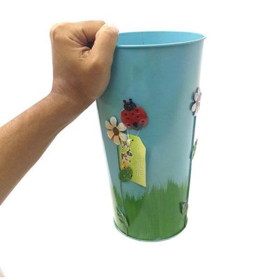 Vaso Balde Metal Enfeite Jardim Quintal Varanda Joaninha Flor Azul