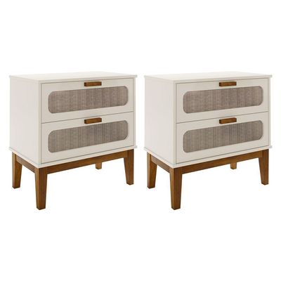 Kit 2 Mesas De Cabeceira 2 Gavetas Santorini Off White 60 Cm Com Tela Indiana - Off White