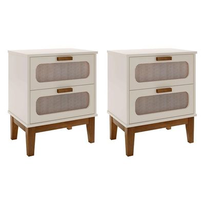 Kit 2 Mesas De Cabeceira 2 Gavetas Santorini Off White 45 Cm Com Tela Indiana - Off White