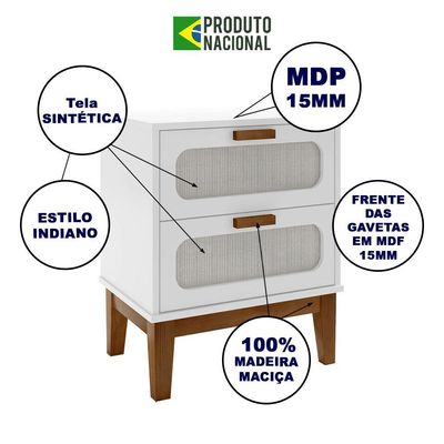Mesa De Cabeceira 2 Gavetas Santorini Branco 45 Cm Palhinha Indiana - Branco