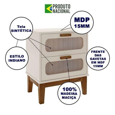Mesa De Cabeceira 2 Gavetas Santorini Off White 45 Cm Com Tela Indiana - Off White