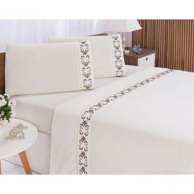 Jogo Lençol Veneza Quarto Casal Queen Bordado 4 Peças 2fronha Cor:palha Com Chocolate