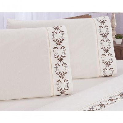Jogo Lençol Veneza Quarto Casal Queen Bordado 4 Peças 2fronha Cor:palha Com Chocolate