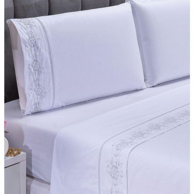 Jogo Lençol Floral Quarto Casal Queen Bordado 4 Peças 2fronha Cor: Palha Com Caqui