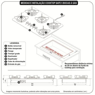 Fogão Cooktop 5 Bocas Mesa Em Vidro Safe Ferro Fundido Fogatti Bivolt