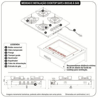 Fogão Cooktop 4 Bocas Mesa Em Vidro Safe Ferro Fundido Fogatti Bivolt