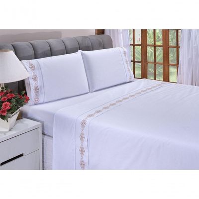 Jogo Lençol Diamante Quarto Casal Queen Bordado 4 Peças 2fronha Cor: Palha Com Caqui