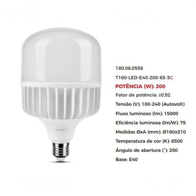 Lâmpada T160 Led 200w E40 6500k Autovolt -g-light