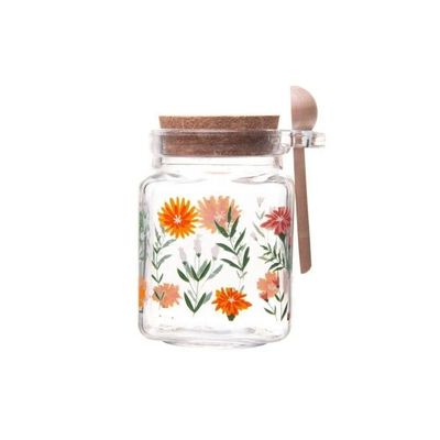 Pote Quadrado De Vidro C-tampa E Colher De Bambu Flora 200ml