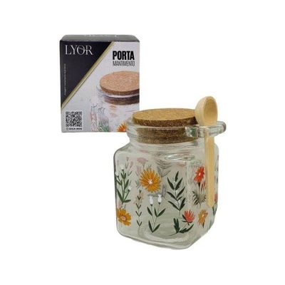 Pote Quadrado De Vidro C-tampa E Colher De Bambu Flora 200ml