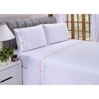 Jogo Lençol Imperial Quarto Casal Queen Bordado 4 Peças 2fronha Cor: Branco Com Salmão