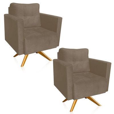 Kit 2 Poltronas Giratória Livia Suede Marrom Rato Base De Madeira Ma30 - D'rossi