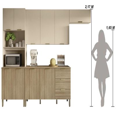 Armário De Cozinha Completa Com Balcão Para Pia 10 Portas Glam Freijó Vanilla Com Ripado