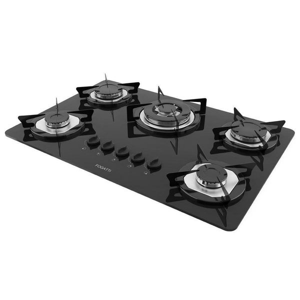 Fogão Cooktop 5 Bocas Tripla Chama Mesa Em Vidro Preto Fogatti Inox 27000501-00 Bivolt