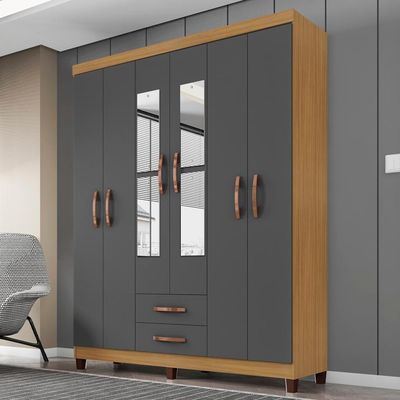 Guarda Roupa Casal Espelho 6 Portas 2 Gavetas Moden 150 Cm Carvalho Am Grafite Incp