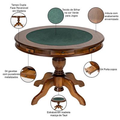 Mesa De Jogos Redonda Tampo Reversível Gavetas E Porta Copos 140cm M04 Imbuia - Lyam Decor