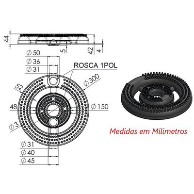 Queimador Alta Pressão Coroa De Fogão Furado Duplo 30cm