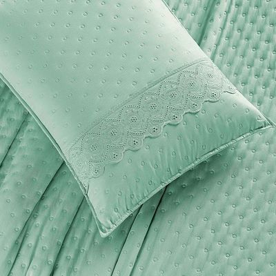 Kit Cobre Leito Colcha Bouclê King Bordada Micropercal 200 Fios 3 Peças Verde Salvia 100% Poliéster