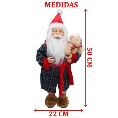 Boneco Papai Noel Decoração Pijama Roupão Com Ursinho 50cm