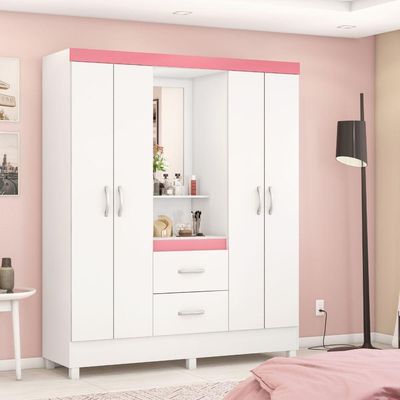 Guarda Roupa Demobile Lord Capelinha 4 Portas Branco Rosa E Branco