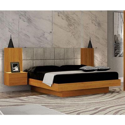 Cama De Casal Braga Queen Size Com Criado E Cabeceira Cinamomo Joli Palha - Leifer Móveis