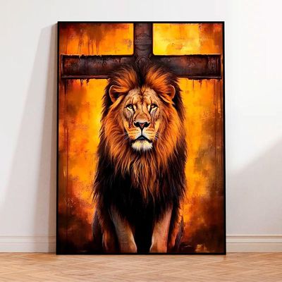 Quadro Decorativo Leão Sobre A Cruz