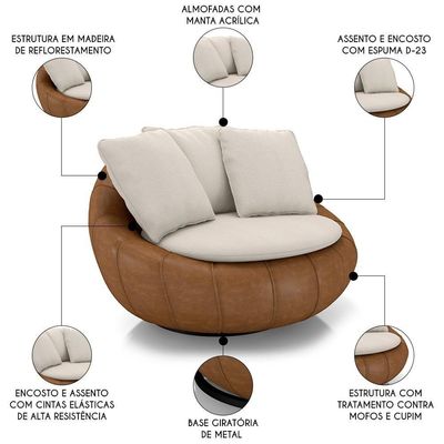 Poltrona Para Sala Giratória Redonda Saphire M22 Linho Bege/caramelo - Mpozenato