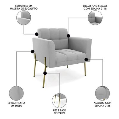 Poltrona Para Sala Pé Metal Dourado Kit 2 Ana Suede Cinza - Ibiza