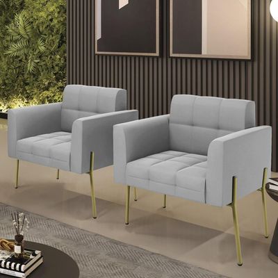 Poltrona Para Sala Pé Metal Dourado Kit 2 Ana Suede Cinza - Ibiza
