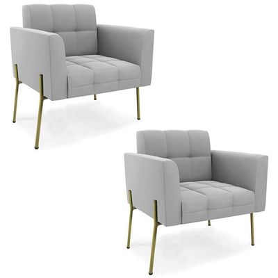 Poltrona Para Sala Pé Metal Dourado Kit 2 Ana Suede Cinza - Ibiza