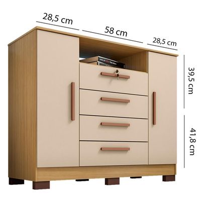 Comoda Rack 2 Portas 4 Gavetas Madri 121 Cm Carvalho Am Off White Incp