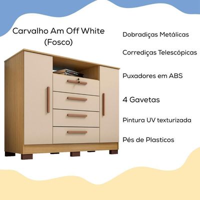 Comoda Rack 2 Portas 4 Gavetas Madri 121 Cm Carvalho Am Off White Incp