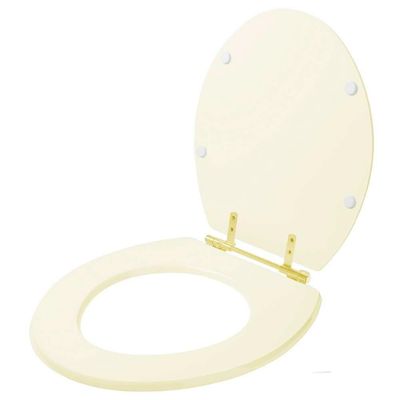 Assento Sanitario Poliéster Convencional Universal Oval Bege Claro Com Ferragem Dourada
