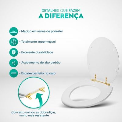 Assento Sanitario Poliéster Convencional Universal Oval Bege Claro Com Ferragem Dourada