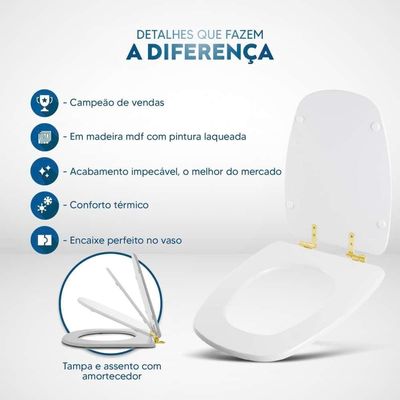 Assento Sanitário Com Amortecedor Monte Carlo Cinza Real Para Vaso Deca Com Ferragem Dourada