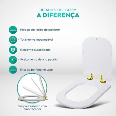 Tampa De Vaso Poliéster Com Fechamento Lento Quadra Preto Para Louça Deca Com Ferragem Dourada