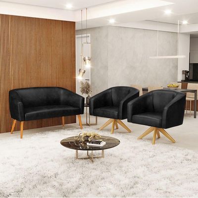 Kit 1 Namoradeira E 2 Poltronas Base Madeira Preto