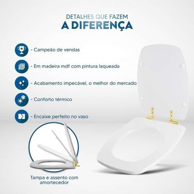Assento Sanitário Com Amortecedor Laguna Branco Para Vaso Hervy Com Ferragem Dourada
