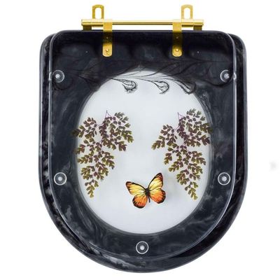 Assento Sanitario Poliester Decorado Borboleta Amarela Carrara Preto Com Ferragem Dourada