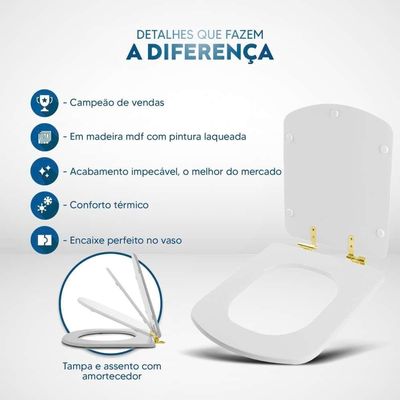 Assento Sanitário Com Amortecedor Lirio Branco Para Vaso Fiori Com Ferragem Dourada