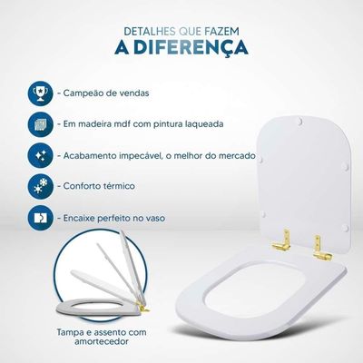 Assento Sanitário Com Fechamento Lento Misti Branco Para Vaso Icasa Com Ferragem Dourada
