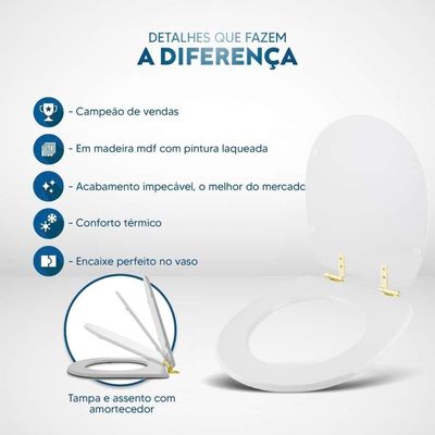 Assento Sanitário Com Amortecedor Eros Branco Para Vaso Incepa Com Ferragem Dourada