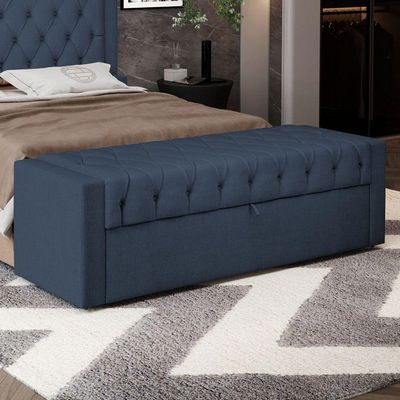 Calçadeira Báu Queen Size Atena 160cm Capitonê Linho Azul - Desk Design